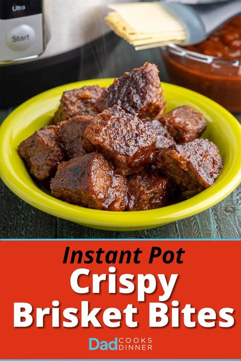 Instant Pot Crispy Brisket Bites. Tender beef with a crisp crust, tossed in barbecue sauce. An easy appetizer or main dish, done in about an hour thanks to pressure cooking. | DadCooksDinner.com #InstantPot #InstantPotRecipe #PressureCooker #PressureCookerRecipe @InstantPotOfficial Brisket Bites, Smoked Beef Brisket Recipes, How To Cook Brisket, Crispy Beef, Beef Brisket Recipes, Smoked Beef Brisket, Burnt Ends, Instant Pot Pork, Brisket Recipes