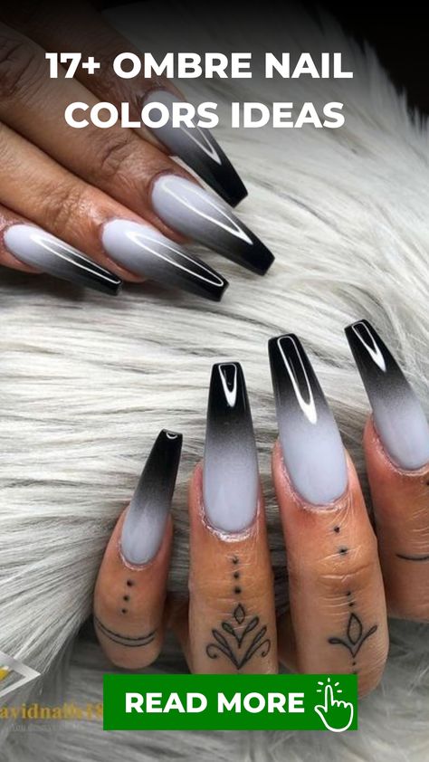 17+ Ombre Nail Colors Ideas Black And Purple Ombre Acrylic Nails, Black To White Ombre Nails, Black Nail Ombre, White To Black Ombre Nails, White And Black Ombre Nails, Ombre Nails Tutorial Step By Step, Acrylic Nail Designs Ombre, Ombre Nails Fall Colors, Reverse Ombre Nails