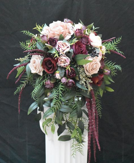 Unstructured Cascade Bouquet Burgundy, Soft Champagne Mauve and Dark Natural Looking Ruscus Mixed Greenery Mauve Peonies, Ruscus Greenery, Mauve Roses, Bouquet Burgundy, Handmade Wedding Bouquet, Burgundy Roses, Burgundy Bouquet, Italian Ruscus, Dark Wedding