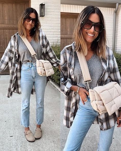 Check out this photo from The Sister Studio Fall Outfits With Button Up Shirts, Women’s Flannel Shirt Outfit, Womens Flannel Shirt Outfits, Birks Outfit, Flannel Outfits Fall, The Sister Studio, Flannel Shirt Outfit, Mom Outfits Fall, Sister Studio