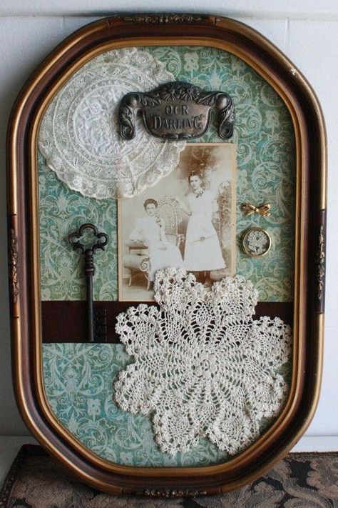 oak antique shadow box bubble frame - Could do this with my shadow ... Shadow Box Memory, Doily Art, Doilies Crafts, Decoration Shabby, Lace Doily, Diy Picture Frames, Family Keepsakes, Diy Picture, Vintage Handkerchiefs