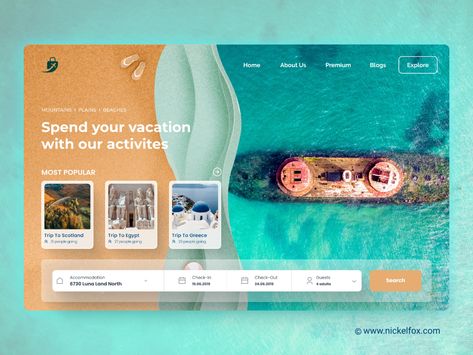 Travel Landing Page by AISHWARYA SINHA for Nickelfox on Dribbble Travel Landing Page, Travel Website Design, Gift Voucher Design, Website Design Inspiration Layout, Website Banner Design, Banner Design Layout, Voucher Design, Holiday Travel Destinations, Proposal Design