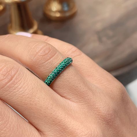 3 Rows Thick Wedding Band - Set with 1.25 Carat Green Color Emeralds Gemstones with Pave Mounting. Thick Wedding Band, Thick Wedding Bands, Pave Wedding Rings, Emerald Wedding Band, Engagement Gifts For Her, Gemstone Wedding Rings, Oval Diamond Engagement, Emerald Wedding, Pave Band