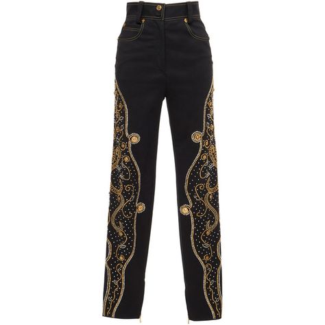 Versace Stud Embellished Pants (171,075 THB) ❤ liked on Polyvore featuring pants, versace, black, straight leg pants, studded pants, versace trousers and straight leg trousers Versace Clothes, Studded Pants, Versace Pants, Versace Fashion, Pants Straight Leg, Kpop Fashion Outfits, Straight Leg Trousers, Kpop Outfits, Stage Outfits