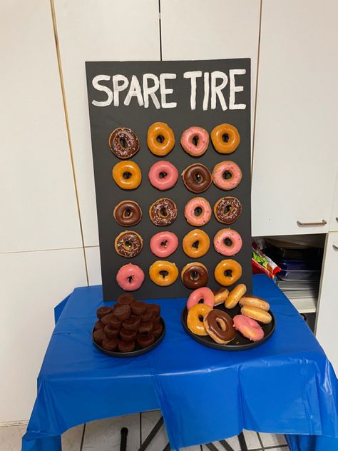 Spare Tire Donut Wall, Monster Truck Donut Party, Wheelies And Donuts Birthday, Levi Birthday, Donut Display, Donut Bar, Monster Trucks Birthday Party, Cars Theme Birthday Party, Truck Birthday