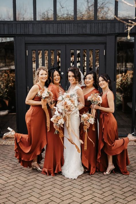 Black And Orange Wedding, Orange Wedding Dress, Black Groomsmen Suits, Black Groomsmen, Burnt Orange Bridesmaid, Orange Dress Wedding, Rustic Bridesmaid Dresses, Orange Wedding Themes, Burnt Orange Bridesmaid Dresses