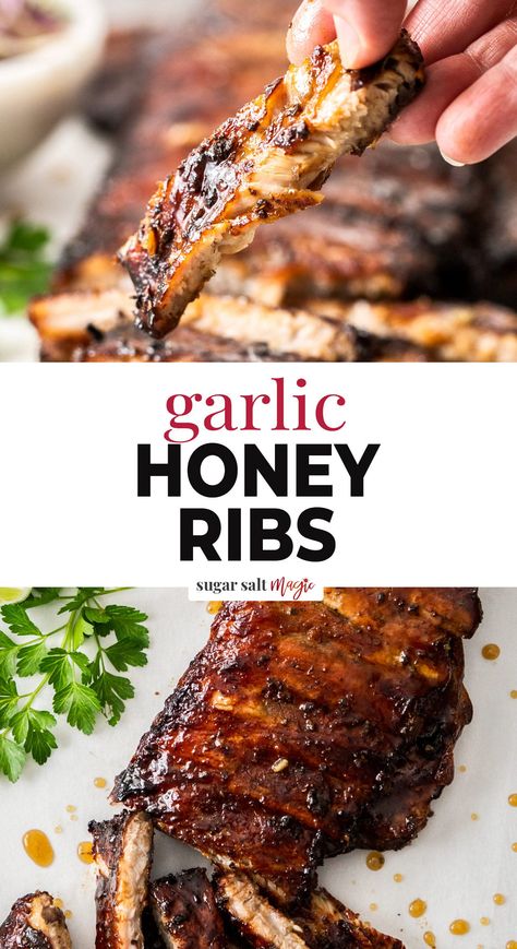 Ribs For Christmas Dinner, Finger Ribs In Oven, Honey Garlic Ribs Slow Cooker, Honey Garlic Ribs Oven, Finger Ribs Recipe, Garlic Ribs Recipe, Garlic Ribs, Honey Ribs, Honey Garlic Ribs