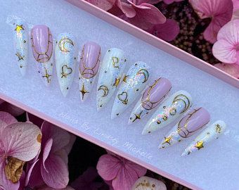 Nailsbylindseymichelle by PressOnClaws on Etsy Nails Celestial, Nails Iridescent, Nails Moon, Nails File, Nails Orange, Filmy Vintage, Witchy Nails, Moon Nails, Nail Art Gel