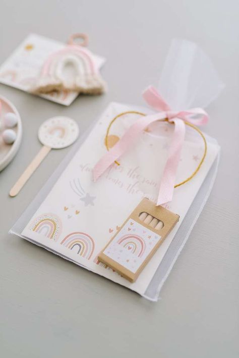 Christening Celebration | CatchMyParty.com Photo Party Ideas, First Birthday Giveaways Ideas, Party Giveaways Ideas, Rainbow Themed Birthday Party, Rainbow First Birthday, Boho Birthday Party, Idee Babyshower, Baby Naming, Idee Cricut