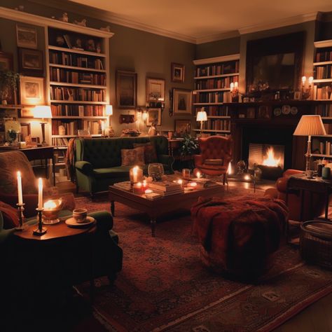 Dark Academia Living Rooms, Cozy Living Room Aesthetic Dark, Cozy Common Room, Cozy Parlor Room, Living Room Decor Dark Academia, Vintage Floral Decor Home, The Family Stone Aesthetic, Hygge Maximalism, Cozy Academia Living Room