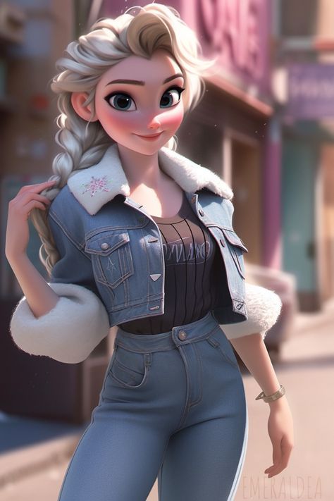 Modern Elsa, wearing jeans, Disney Princess Elsa Anime, Elsa Modern, Modern Elsa, Modern Disney Princess, Fan Art Disney, Disney Princess Comics, Frozen Fan Art, Modern Disney Characters, Disney Frozen Elsa Art