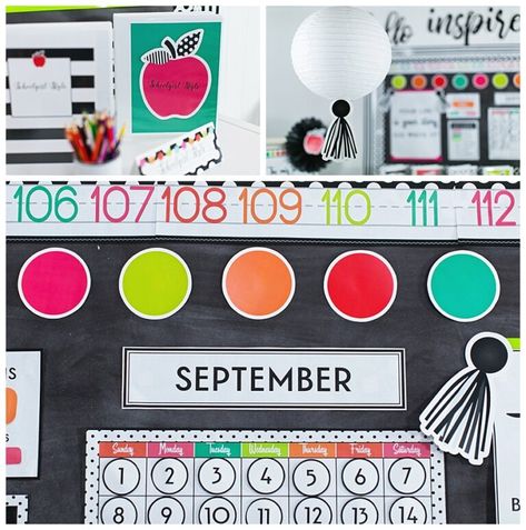 Polka Dot Classroom Theme, Brights Classroom Decor, Stylish Classroom, Black And White Classroom, White Classroom, Polka Dot Classroom, Stripes Black And White, Alphabet Line, Polka Dot Theme