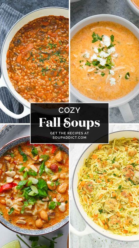 Collage of soup photos. Creamy Soups For Fall, Thick Soups, Healthy Hearty Soup, Panera Autumn Squash Soup, Potato And Sausage, Chicken Chili Soup, Pumpkin Bisque, Cozy Soups, Cozy Fall Recipes