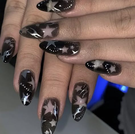 Star Black Nails, Stargirl Nails, Nails Star, Nails Gel Nails, Grunge Nails, Y2k Nails, Really Cute Nails, Star Black, Star Nails