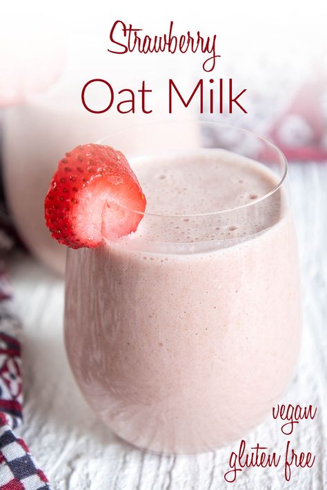 Made in minutes with whole foods, this Strawberry Oat Milk is sweet and fruity. It's not only healthier than store-bought, but it tastes better too. Strawberry Oat Milk, Strawberry Banana Oat Smoothie, Strawberry Banana Almond Milk Smoothie, Vegan Strawberry Milkshake, Strawberry Soy Milk Smoothie, Oat Milk Recipe, Vegan Drinks Recipes, Fresh Strawberry Recipes, Plant Based Recipes Breakfast