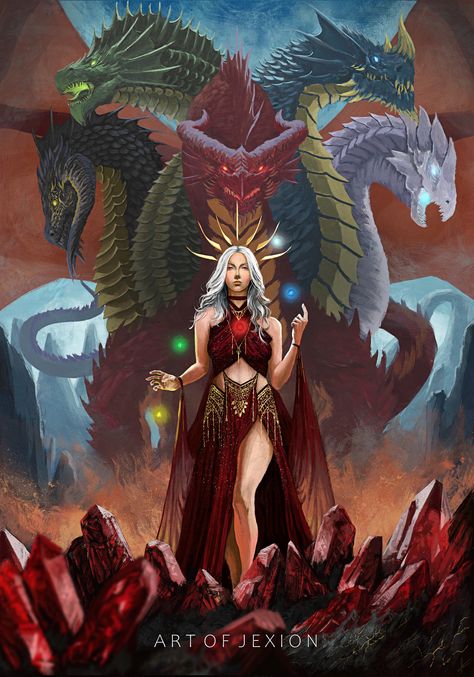 Tiamat Dragon, Crimson Dress, Dragon Queen, Dnd Dragons, Stone Pillars, Female Dragon, Golden Crown, Platinum Hair, Dungeons And Dragons Characters