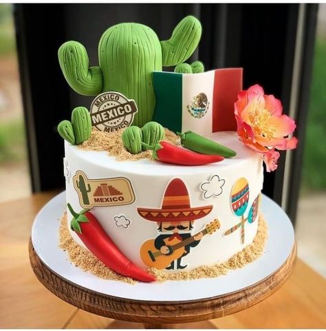 Mexican Themed Cakes, Mexican Fiesta Cake, Mexican Theme Baby Shower, Mexican Theme Party Decorations, Mexican Cake, Chef Cake, Mexican Birthday Parties, Fiesta Cake, Travel Cake