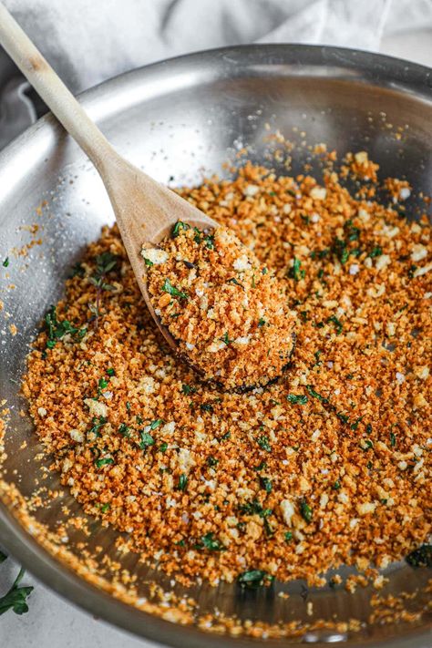 Pangrattato (Crispy Breadcrumbs) add the perfect crunch to pasta, salads, soups and more in under 5 minutes. Just add the breadcrumbs to a pan, toast, customize with your favorite herbs and mix-ins, then enjoy! Breadcrumb Recipe, Breadcrumbs Recipe, Dining Menu, Pasta Salads, Freezer Meals, Bread Crumbs, Dipping Sauce, Easy Recipes, Vegan Vegetarian