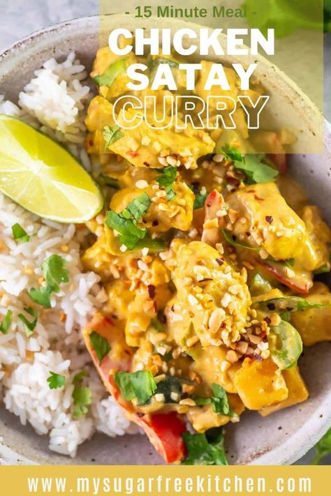 This healthy Chicken Satay Curry is quick and easy to get on the table in under 30 minutes. The sauce is sugar free, and the dish is packed with veges. Satay Curry, Student Meals, Coconut Milk Rice, Satay Chicken, Milk Rice, Chicken Rice Bowls, Chicken Skillet Recipes, Chicken Skillet, Skillet Recipes