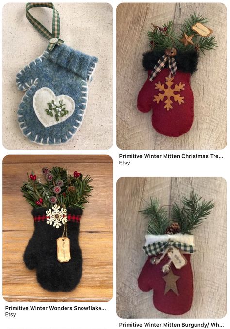 Mitten Ornaments Diy, Mitten Christmas Decorations, Mittens Decoration Winter Craft, Felt Hearts Crafts, Holiday Crafts Decorations, Diy Felt Christmas Ornaments, Mitten Ornaments, Vintage Christmas Crafts, Felt Crafts Diy