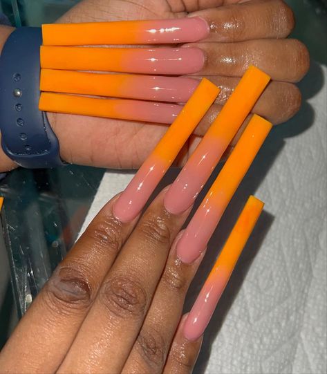 Long Orange Nails, Orange Nails With Design, Really Long Nails, Orange Acrylic Nails, Nails With Design, Long Square Nails, Acrylic Nail Shapes, Diy Acrylic Nails, Long Nail Designs