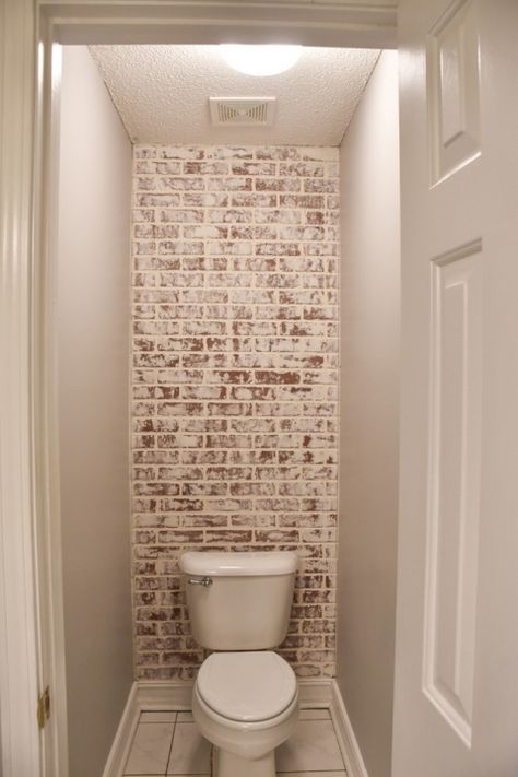 DIY Faux German Schmear Brick Wall (3 of 15) German Schmear Brick, Basement Industrial, Fake Brick Wall, Diy Brick Wall, Wallpaper Accent Wall Bathroom, German Schmear, German Smear, Brick Bathroom, Faux Brick Wall Panels