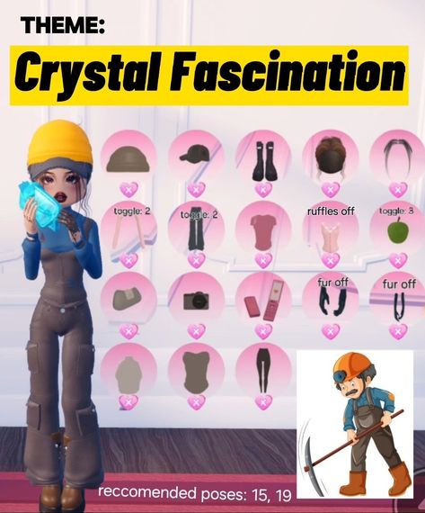 DTI dti dress to impress crystal fascination outfit mine worker with crystal Crystal Fascination Outfit, Crystal Fascination Dress To Impress, Crystal Fascination, Mine Worker, Girly Games, Royal High Outfits Ideas Cheap, Roblox Dress, Dti Hacks, Dti Ideas