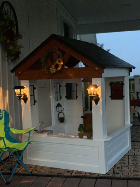 Playhouse Lighting Ideas, Playhouse Lights, Christmas Lights On Playhouse, Kids Playhouse Lights, White Playhouse With Black Trim, Modern Playhouse Kidkraft, Kidkraft Country Vista Playhouse Makeover, Kids Playhouse, Event Lighting