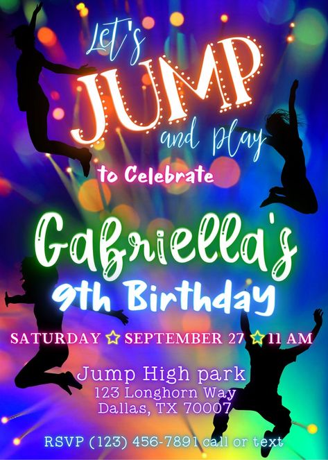 Party Bounce House, Jump Park, Trampoline Party, Girls Party Invitations, High Jump, Bounce House, 9th Birthday, Girls Party, Boy Girl