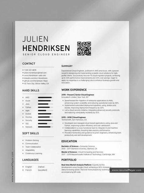 Full-height Preview of the Cloud Engineer Resume Template Cloud Engineer, Engineer Resume, Free Resume Template Download, Tech Industry, Enterprise Application, Resume Design Template, Career Advancement, Resume Template Free, Cv Template