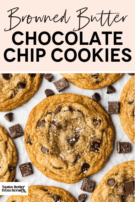 Just made the ultimate Browned Butter Chocolate Chip Cookies! They're everything you want in a cookie: crispy edges, soft and chewy centers, and a rich caramel flavor thanks to the browned butter. Sprinkled with sea salt for that perfect finish. Trust me, this easy recipe makes the best cookies you'll ever taste! via @betrfromscratch Browned Butter Chocolate Chip Cookies, Salted Chocolate Chip Cookies, Brown Butter Cookies, Gooey Chocolate Chip Cookies, Brown Butter Chocolate Chip Cookies, Caramel Chocolate Chip Cookies, Perfect Sugar Cookies, Tastes Better From Scratch, The Best Cookies