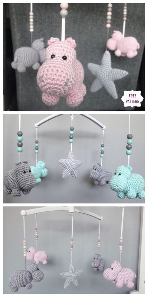 Amigurumi Hippo Mobile Free Crochet Patterns Crochet Baby Mobile Free Pattern, Mobile Amigurumi, Crochet Baby Mobile, Crochet Tips And Tricks, Crochet Baby Mobiles, Crochet Hippo, Crochet Mobile, Creative Crochet, Crochet Baby Toys