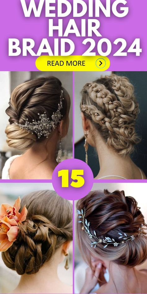 Elevate your bridal beauty in 2024 with wedding hair braids that feature a boho twist. These bohemian-inspired braided hairstyles add a touch of whimsy and natural charm to your look. Whether you opt for a braided crown adorned with flowers or a relaxed low updo with intricate braids, these styles are perfect for brides who want to embrace a free-spirited vibe on their special day. French Braid Updo Wedding, Wedding Hair Braids, Half Up Braids, Wedding Hair Braid, Natural Bridal Hair, Bride Hairstyles Updo, Hairstyles Elegant, Intricate Braids, French Braid Updo