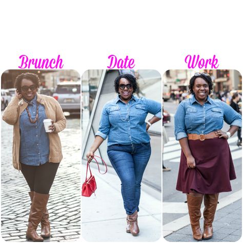 3 Ways to Wear a Denim Shirt - CeCe Olisa Denim Shirt Outfit Work, Surprised Video, Plus Size Denim Shirt, Talbots Fashion, Denim Shirt Outfit, Leggings Boots, Plus Size Sweatshirts, 3 Ways To Wear, Shopping Haul