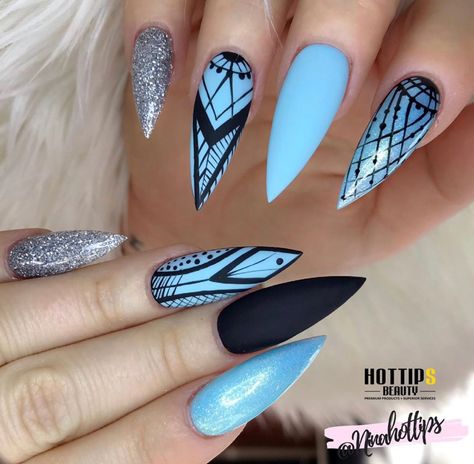 Gorgeous Baby Blue/Jeans Blue, Black and Silver Color Nails. Blue Black Silver Nails, Blue Nail Designs Stiletto, Blue Black And Silver Nails, Black And Baby Blue Nails, Baby Blue And Black Nails, Blue And Black Nail Ideas, Light Blue And Black Nails, Blue And Black Nails Designs, Blue And Grey Nails