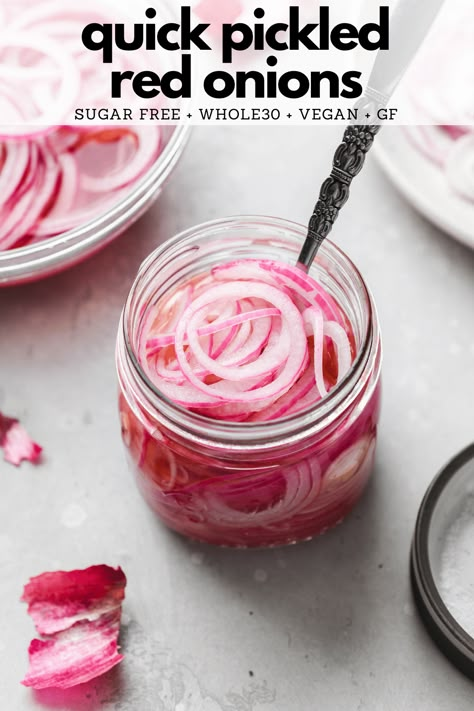 These quick pickled red onions are SO easy to make and so delicious! It only takes 5 minutes and a handful of pantry friendly ingredients (no sugar!) that you probably already have on hand. An easy and healthy Mexican inspired condiment that you'll want to add to everything from tacos to burgers. Vegan, gluten free, paleo, Whole30, keto / low carb, and made without sugar! No Sugar Pickled Red Onions, Paleo Pickled Red Onions, Whole 30 Pickled Red Onions, Pickle Vegetables, Gundry Recipes, Preserving Vegetables, Pickled Red Onion, Hummus Bowl, Red Onion Recipes