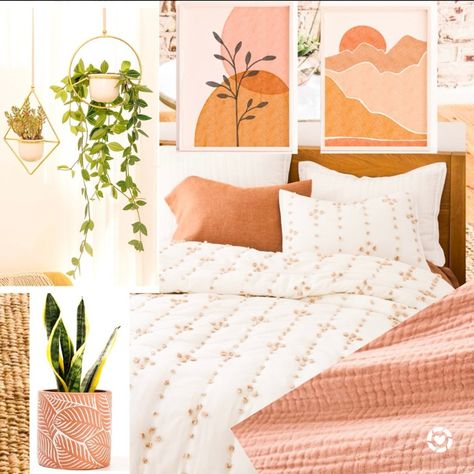 Terracotta And White Bedroom, Pink Terracotta Bedroom, Peach Boho Bedroom, Pink And Orange Bedroom Aesthetic, Bright Bedroom Decor, Peach Living Rooms, Nursery Orange, Pink Kids Bedrooms, Burnt Orange Bedroom