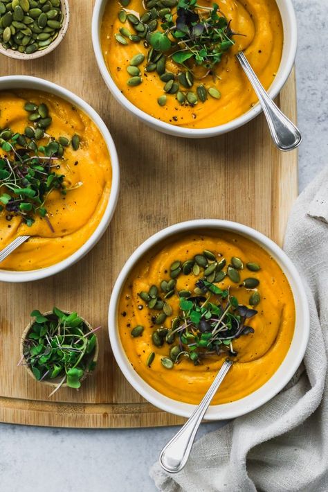 Roasted Butternut Squash & Pear Soup (Vegan) | Walder Wellness, RD Soup Squash, Healthy Whole Food Recipes, Liquid Cleanse, Walder Wellness, Pear Soup, Healthy Squash Recipes, Butternut Squash Cinnamon, Vegan Butternut Squash Soup, Winter Squash Recipes