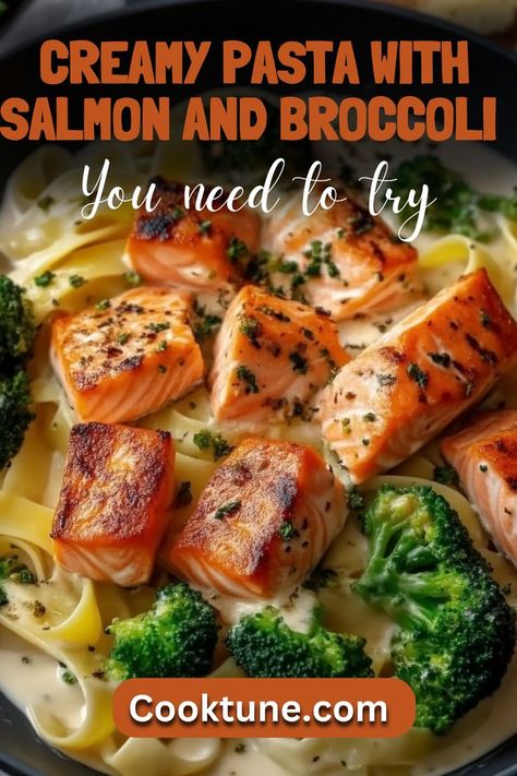 This Creamy Pasta with Salmon and Broccoli features seared salmon pieces, fresh broccoli, and pasta enveloped in a rich, creamy sauce. Perfect for a special dinner or when you crave something indulgent! Salmon And Broccoli Pasta, Pasta With Salmon, Broccoli Pasta Recipe, Salmon And Broccoli, Linguine Pasta, Salmon Pasta, Seared Salmon, Fresh Broccoli, Broccoli Recipes