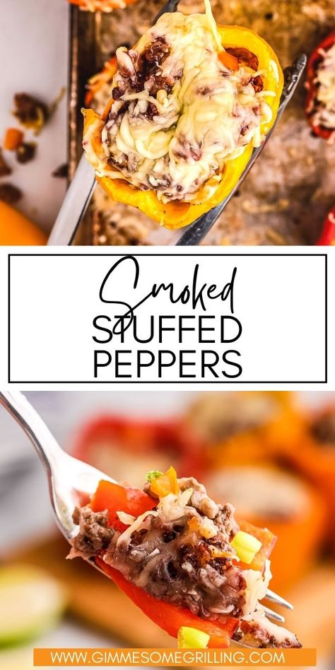 Tender peppers stuffed with a delicious ground beef and Italian sausage mixture that are smoked on your Traeger. These Smoked Stuffed Peppers are a low carb, healthy and easy dinner recipe that have a delicious smoked flavor. If you are looking for an easy smoked dinner recipe this is it! via @gimmesomegrilling Smoked Stuffed Peppers, Stuffed Peppers Grilled, Clean Eating Smoker Recipes, Smoked Bell Peppers In Smoker, Stuffed Bell Peppers On The Smoker, Smoked Stuffed Jalapeno Peppers, Cooking Stuffed Peppers, Stuffed Peppers Healthy, Grilled Meat Recipes