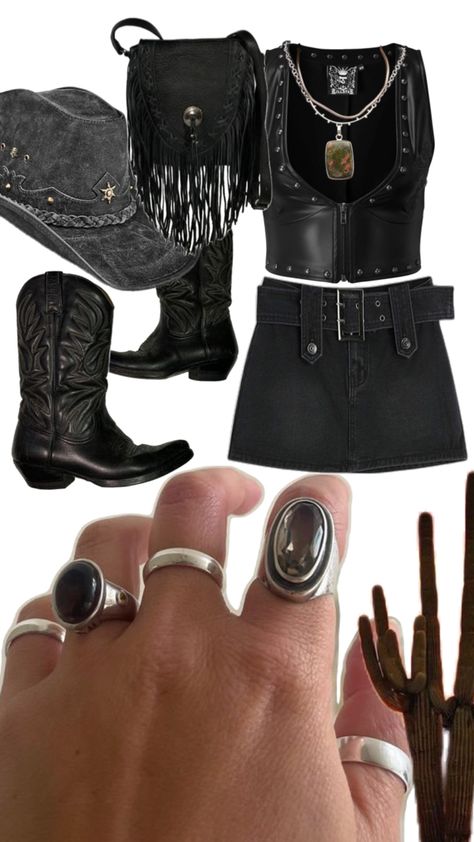 Western Gothic outfit collage with black cowboy boots, a leather vest, a fringed bag, and a gray cowboy hat. The foreground features a hand wearing silver statement rings, including one with a smoky quartz stone. A cactus is in the background for a desert vibe. Western Outfits With Black Boots, Western Gothic Outfit, Dark Western Outfits, Gothic Western Fashion, Goth Western Aesthetic, Goth Cowgirl Outfit, Grunge Cowgirl Outfits, Grunge Western Style, Western Gothic Fashion