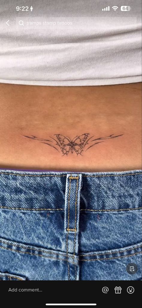 Mathilde Tantot Tattoo, Dainty Tramp Stamp Design, Small Butterfly Tramp Stamp, Tasteful Tramp Stamp Lower Backs, Low Back Butterfly Tattoo, Tramp Stamp Tattoos Plus Size, Fineline Tramp Stamp, Lower Back Tattoos Butterfly, Fine Line Tramp Stamp Tattoo