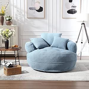 QQU 360° Swivel Modern Barrel Chair, Round Sofa Chair with 3 Pillows and Metal Swivel Base, Extra Large Armchair Comfortable Club Chair for Bedroom, Living Room, Lounge,Hotel,Blue Round Sofa Chair, Comfy Armchair, Round Sofa, Large Armchair, Living Room Accents, Modern Lounge Chairs, Bedroom Chair, Barrel Chair, Toss Pillows