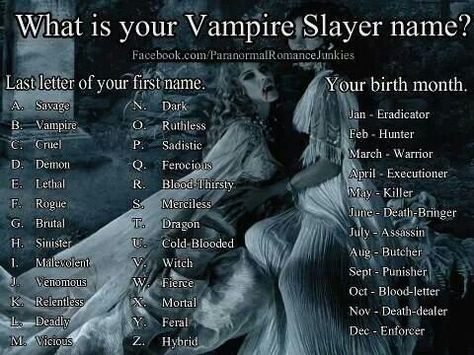 Whats your vampire slayer name? I'm savage executioner. Oh my Funny Name Generator, Werewolf Name, Birthday Scenario, Unicorn Names, Fantasy Names, Name Games, Funny Names, Name Generator, What Is Your Name