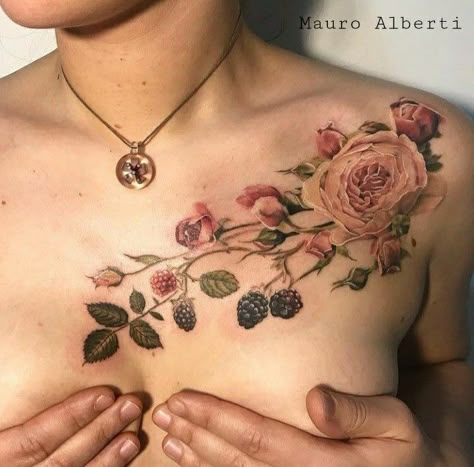 Pomegranate And Flowers Tattoo, Muted Floral Tattoo, Arm Forest Tattoo, Chest Tattoo Flowers, Coverup Ideas, Cherry Blossom Tattoos, Fruit Tattoo, Forest Tattoo, Mastectomy Tattoo