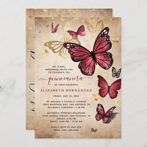 Burgundy and Gold Butterfly Quinceanera Birthday for $3.29 - Baby Shower Invitations Dark Red Butterfly, Butterfly Quinceanera Theme, Butterfly Sweet 16, Burgundy Quinceanera, Quinceañera Invitations, Glass Shoe, Paper Picture, Bridal Card, Butterfly Invitations