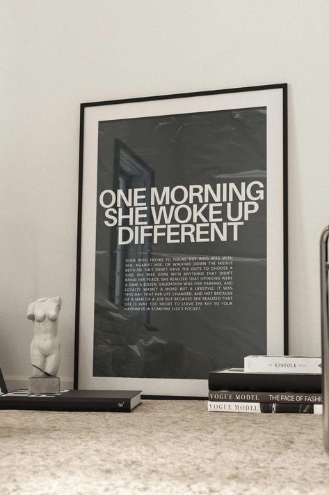 Redefine your space with our trendsetting "One Morning She Woke Up Different" wall art, perfect for those who appreciate a black and white aesthetic and a nod to female empowerment. This feminist print showcases captivating typography graphic art with an empowering quote, making it an ideal addition to any modern decor setting, be it in your office or apartment. Whether you're treating yourself or searching for a thoughtful divorce gift for a friend, this empowering wall art is sure to spark ins One Day She Woke Up Different, Black And White Aesthetic Prints, Edgy Living Room Decor, Black Empowerment Art, She Woke Up Different, Woke Up, Bathroom Artwork Ideas, Art On Wall, Boho Art Prints