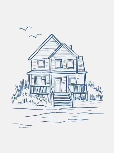 size: 12x9in Photographic Print: Nantucket Beachhouse by Jolly and Dash : Nantucket Art Print, Lake House Drawing, Beach House Sketch, Tiny House Drawing, Beach Scene Sketch, Beach House Drawing, Nantucket Print, Nantucket Art, House Line Art