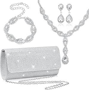 4 Pieces Silver Clutch Purses For Women Evening Rhinestone Purses Crystal Jewelry Set Bridal Wedding Choker Bracelet Dangle Bling Glitter Purse Silver Prom Jewelry, Silver Clutch Purse, Prom Jewelry Sets, Silver Clutch Bag, Prom Purse, Glitter Purse, Rhinestone Jewelry Set, Pretty Jewelry Necklaces, Silver Clutch