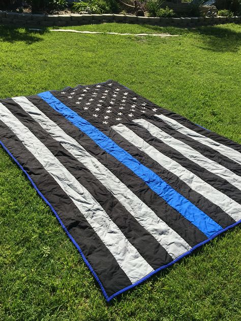 Blue lives matter quilt I made from my son. Could not find a pattern so I can up with one. The stars are embroidered . Police Quilts Law Enforcement, Blue Line Tattoo Law Enforcement, Crochet Police Blanket, Blue Lives Flag, Police Quilt, Marine Corp Quilt Patterns, Military Quilts, Police Flag, Police Wife